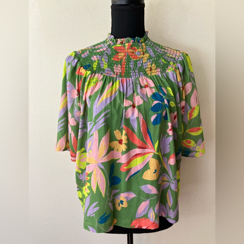 Corey Lynn Calter Smocked Flowy Bright Floral Top High Neck Small/Medium